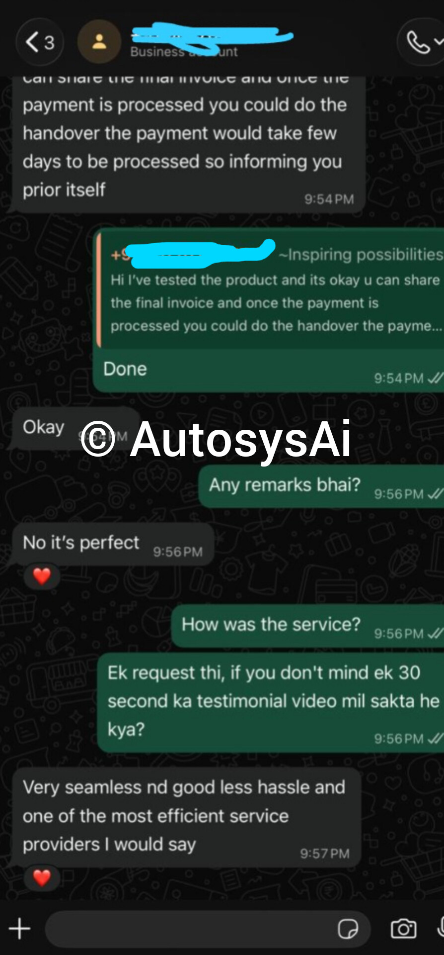 WhatsApp screenshot saying the service was seamless, good, and efficient