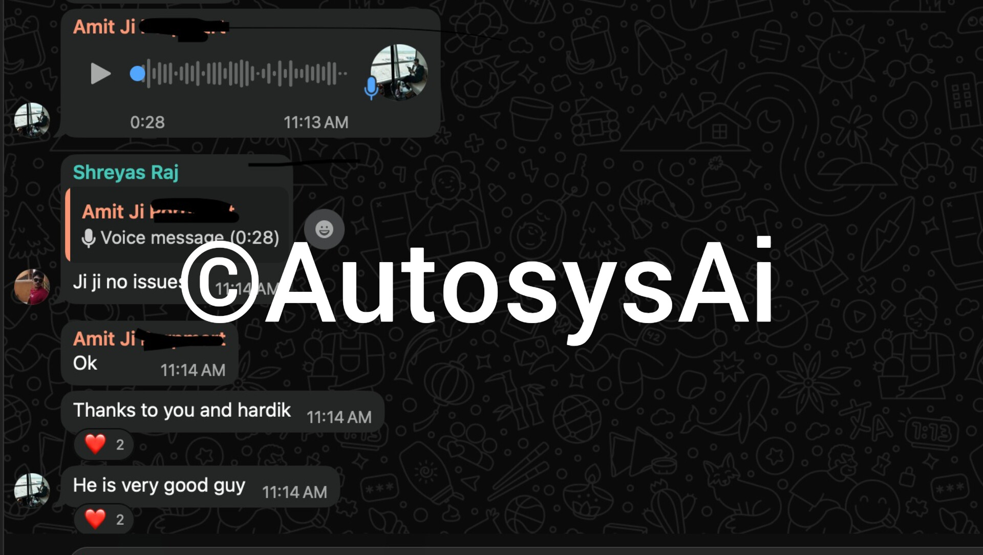 WhatsApp screenshot with a client voice note follow-up and written thanks