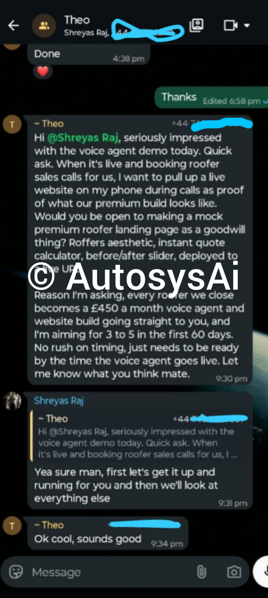 WhatsApp screenshot from Theo describing interest in an AutosysAI voice agent and website build