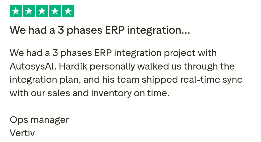 Trustpilot review from a Vertiv operations manager about an AutosysAI ERP integration